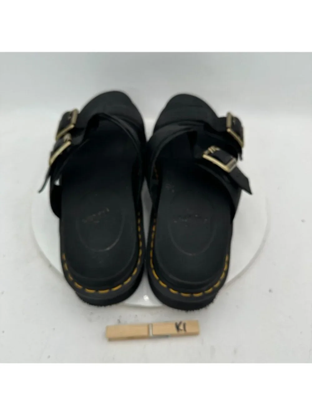 Dr. Martens Myles II Men Size 14 Black Leather  Brass Buckled  Platform Sandal